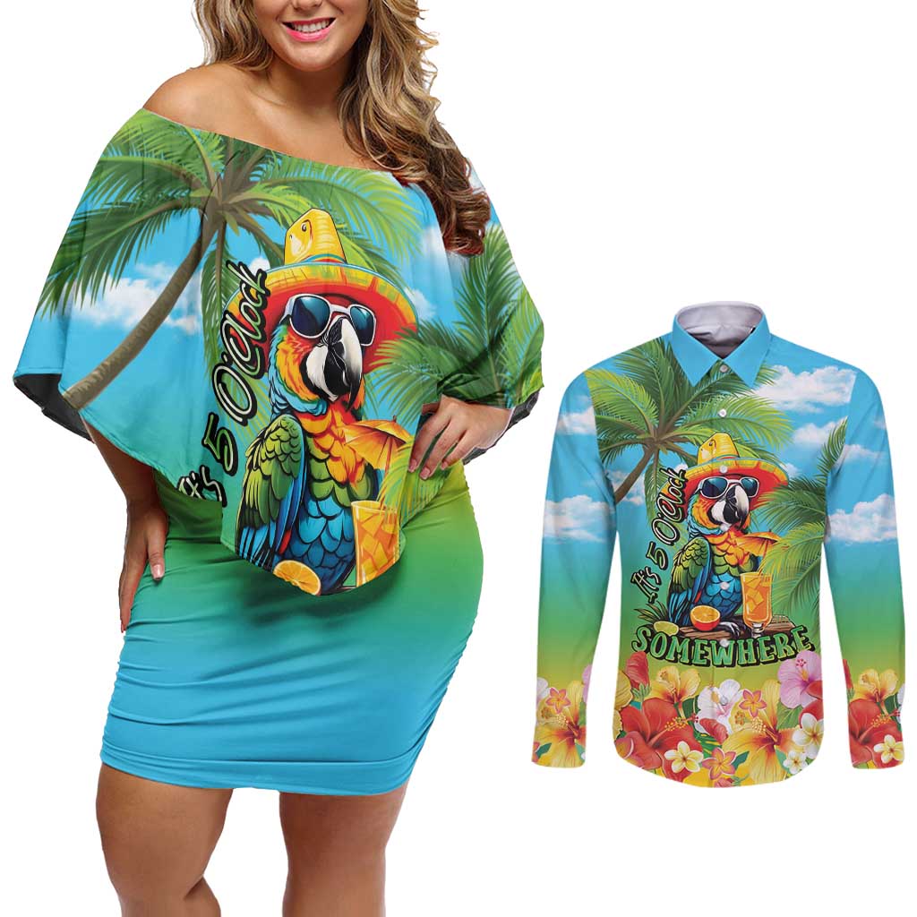 Always 5 O'clock Couples Matching Off Shoulder Short Dress and Long Sleeve Button Shirt Hawaiian Tropical Parrot - Polynesian Pride