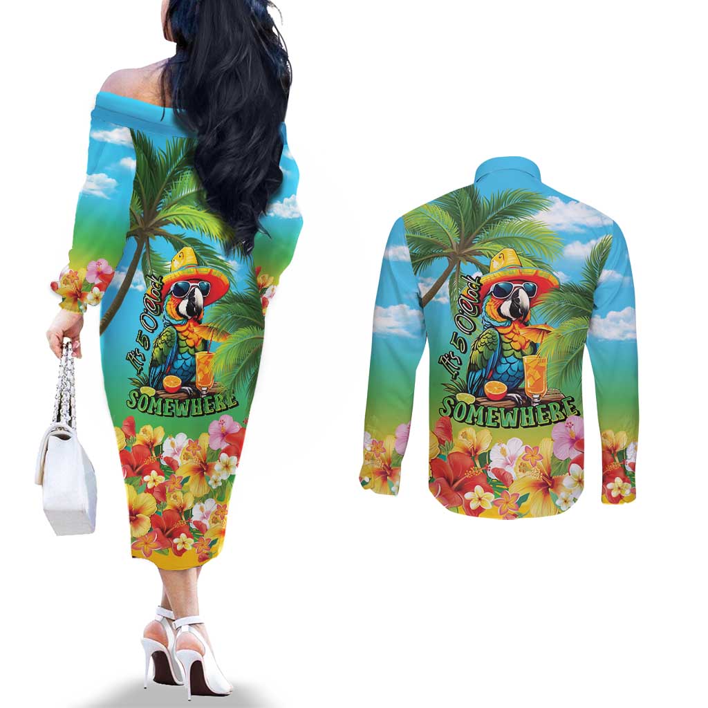 Always 5 O'clock Couples Matching Off The Shoulder Long Sleeve Dress and Long Sleeve Button Shirt Hawaiian Tropical Parrot - Polynesian Pride