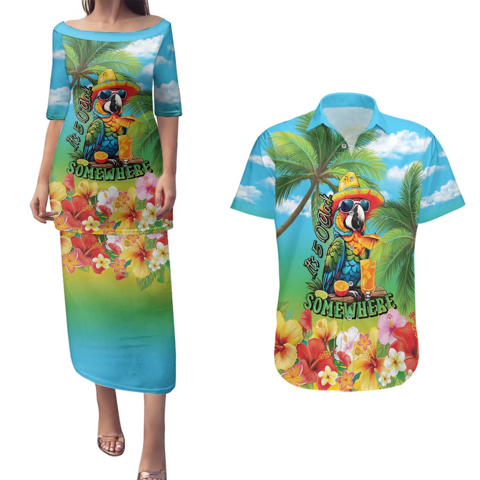 Always 5 O'clock Couples Matching Puletasi and Hawaiian Shirt Hawaiian Tropical Parrot - Polynesian Pride