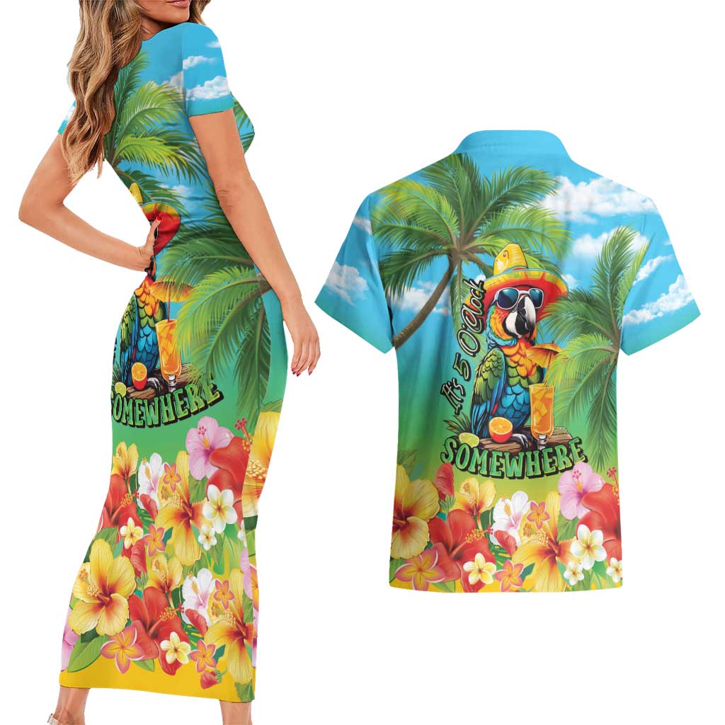Always 5 O'clock Couples Matching Short Sleeve Bodycon Dress and Hawaiian Shirt Hawaiian Tropical Parrot - Polynesian Pride
