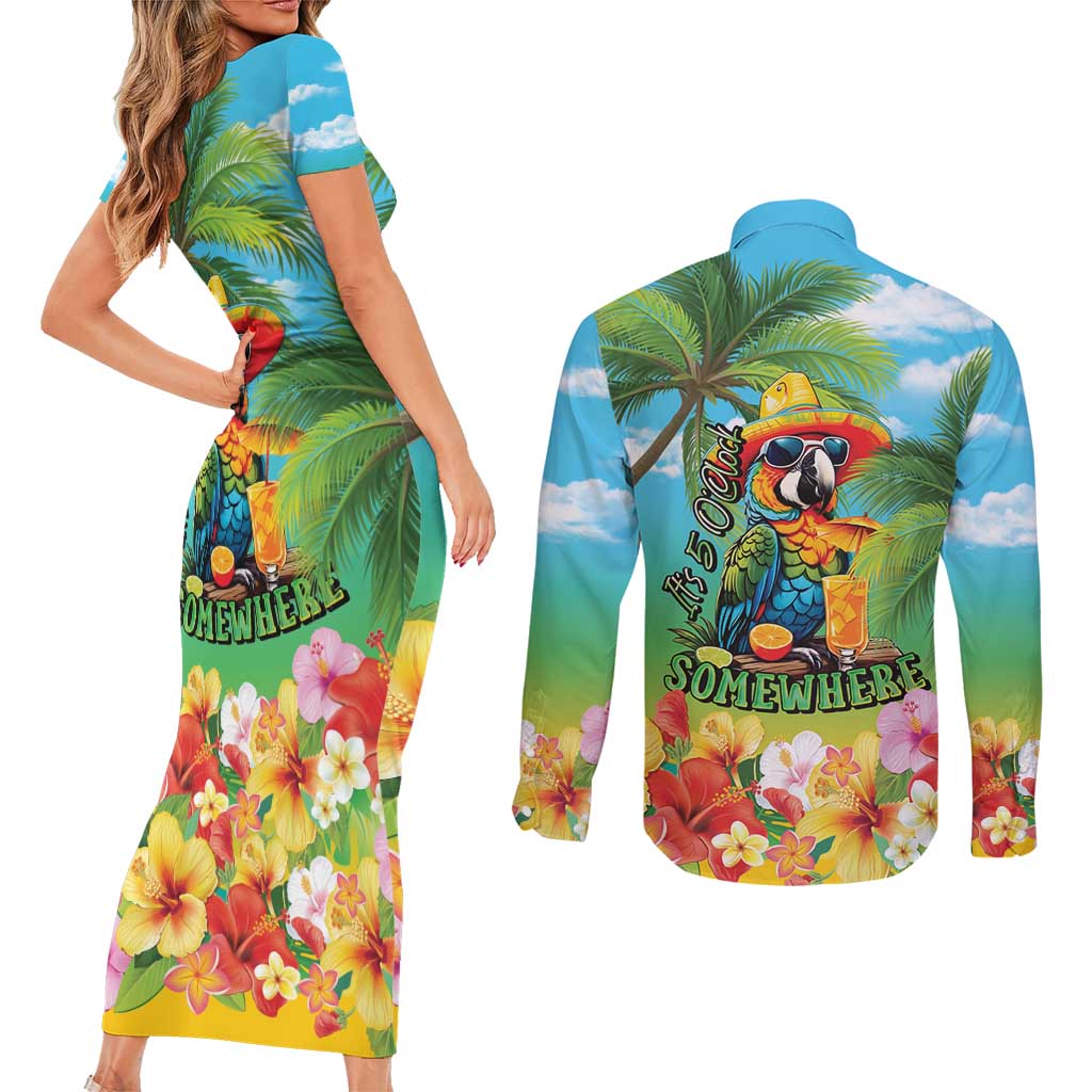 Always 5 O'clock Couples Matching Short Sleeve Bodycon Dress and Long Sleeve Button Shirt Hawaiian Tropical Parrot - Polynesian Pride