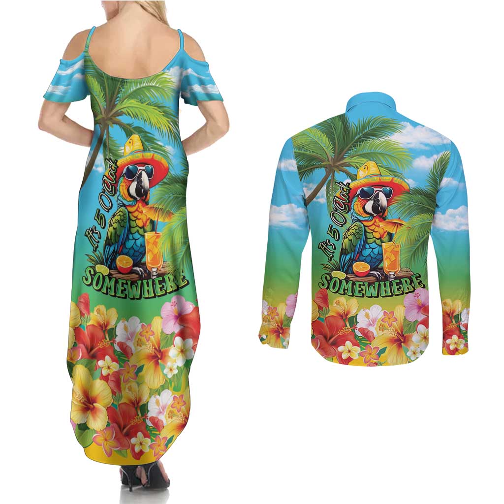 Always 5 O'clock Couples Matching Summer Maxi Dress and Long Sleeve Button Shirt Hawaiian Tropical Parrot - Polynesian Pride