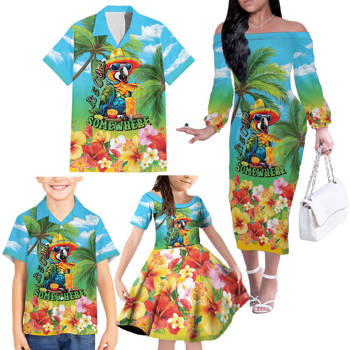 Always 5 O'clock Family Matching Off The Shoulder Long Sleeve Dress and Hawaiian Shirt Hawaiian Tropical Parrot - Polynesian Pride