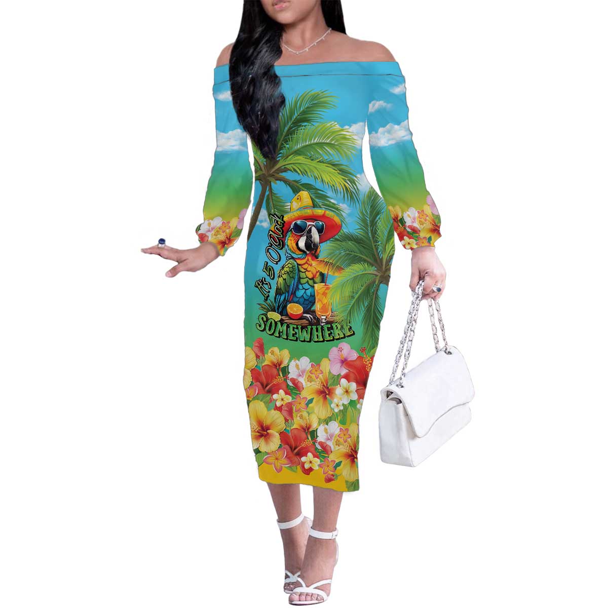 Always 5 O'clock Family Matching Off The Shoulder Long Sleeve Dress and Hawaiian Shirt Hawaiian Tropical Parrot - Polynesian Pride
