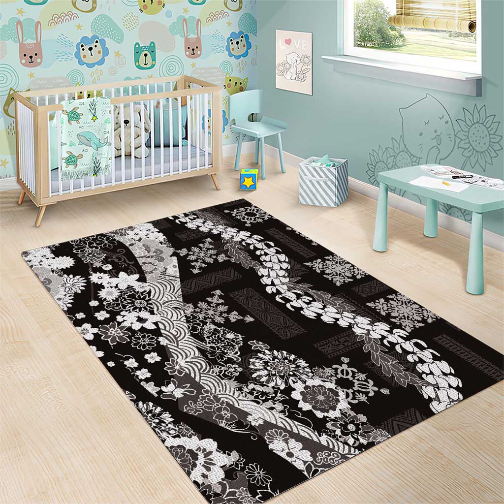 Hawaii Puakenikeni and Maile Lei Area Rug Black Japanese Wave Style - Polynesian Pride