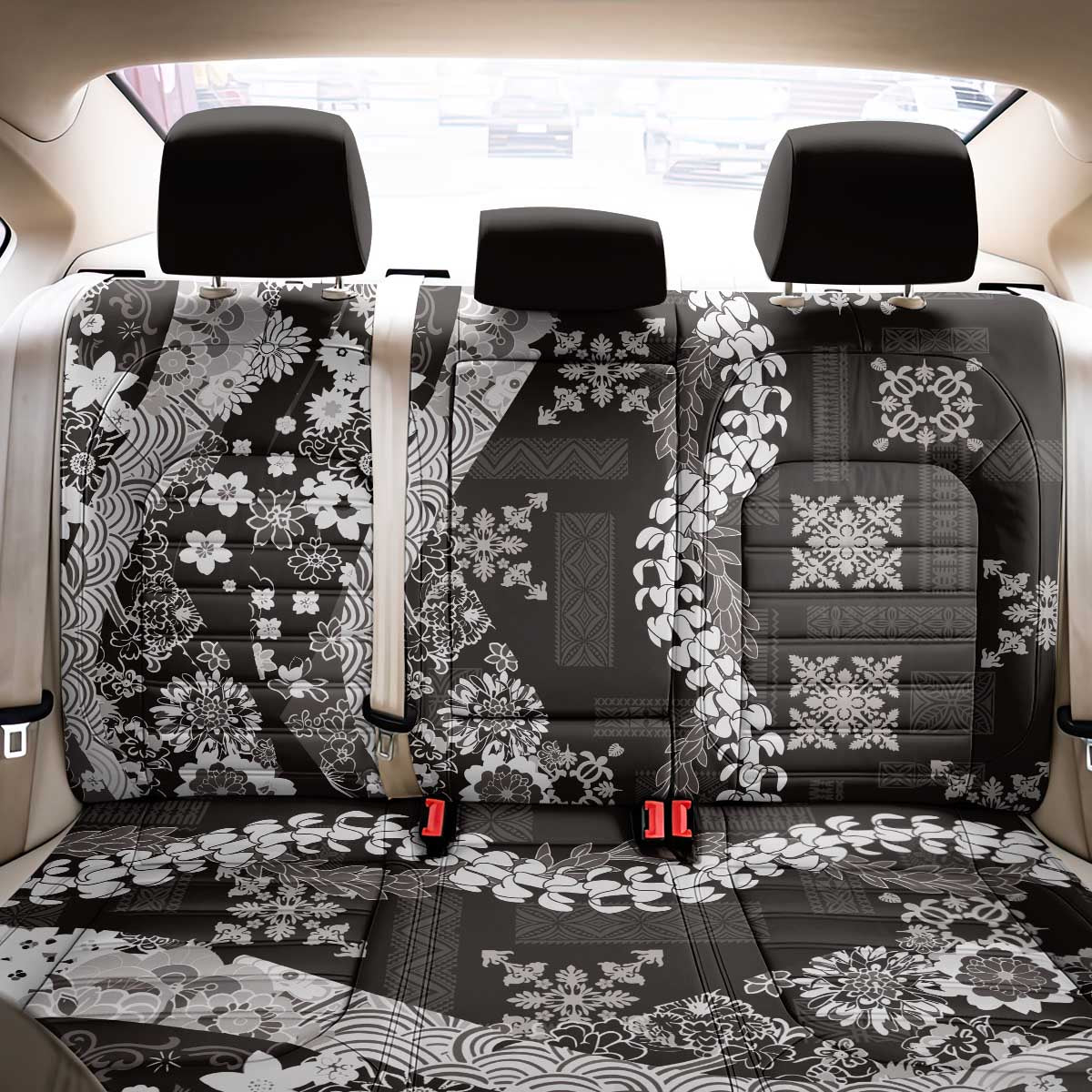 Hawaii Puakenikeni and Maile Lei Back Car Seat Cover Black Japanese Wave Style - Polynesian Pride