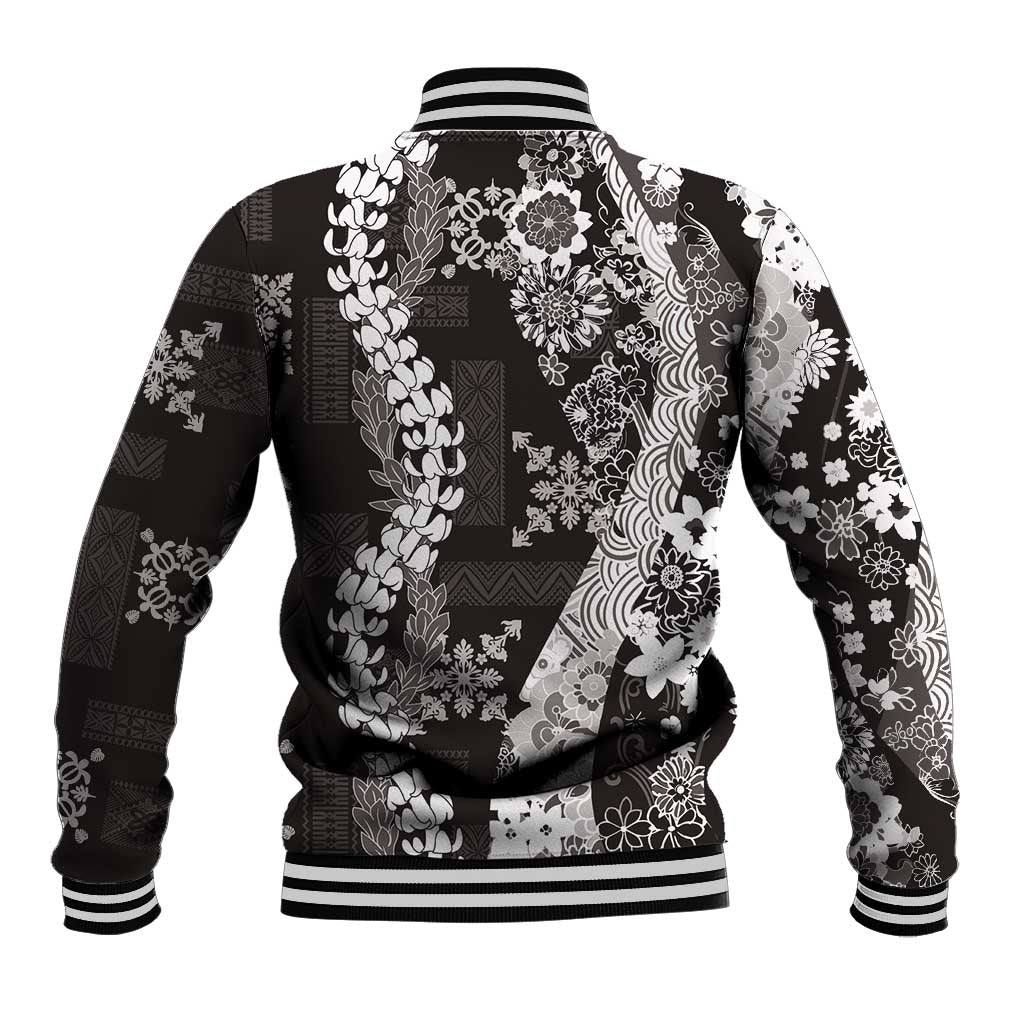 Hawaii Puakenikeni and Maile Lei Baseball Jacket Black Japanese Wave Style - Polynesian Pride
