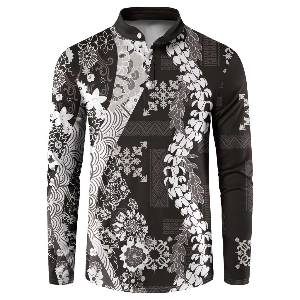 Hawaii Puakenikeni and Maile Lei Button Sweatshirt Black Japanese Wave Style - Polynesian Pride