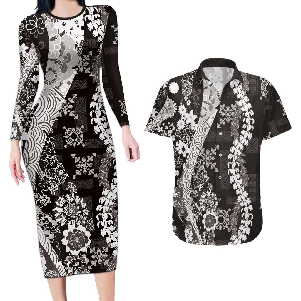 Hawaii Puakenikeni and Maile Lei Couples Matching Long Sleeve Bodycon Dress and Hawaiian Shirt Black Japanese Wave Style - Polynesian Pride