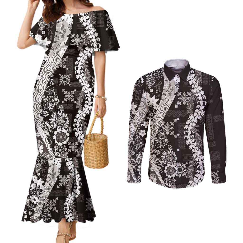 Hawaii Puakenikeni and Maile Lei Couples Matching Mermaid Dress and Long Sleeve Button Shirt Black Japanese Wave Style - Polynesian Pride