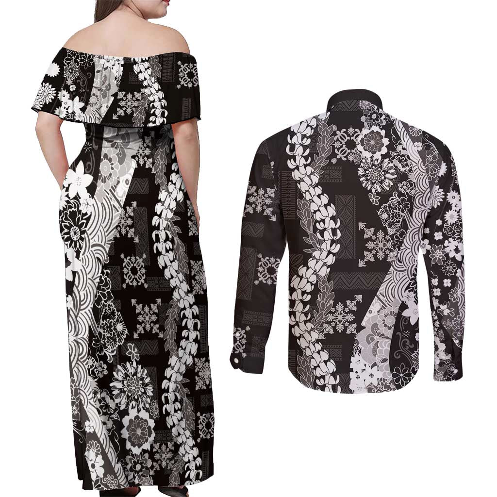 Hawaii Puakenikeni and Maile Lei Couples Matching Off Shoulder Maxi Dress and Long Sleeve Button Shirt Black Japanese Wave Style - Polynesian Pride