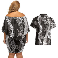 Hawaii Puakenikeni and Maile Lei Couples Matching Off Shoulder Short Dress and Hawaiian Shirt Black Japanese Wave Style - Polynesian Pride