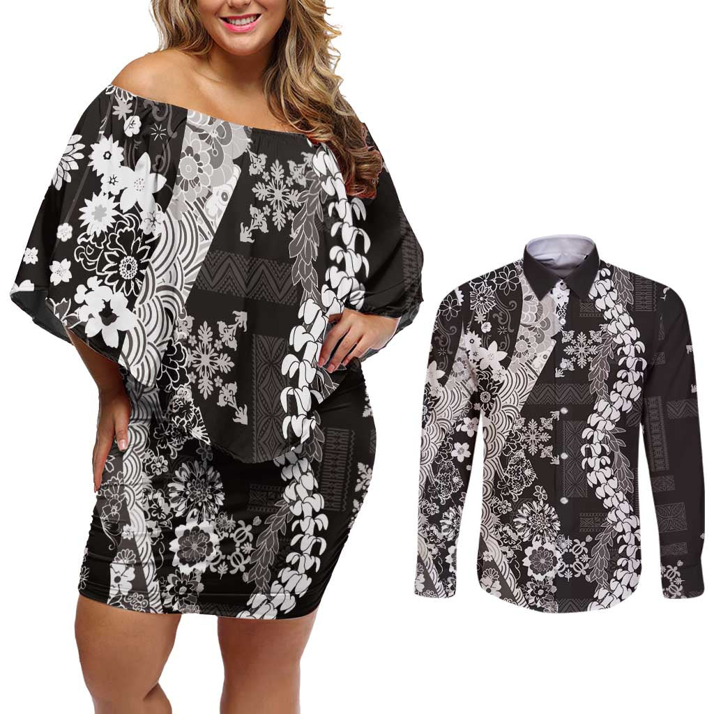 Hawaii Puakenikeni and Maile Lei Couples Matching Off Shoulder Short Dress and Long Sleeve Button Shirt Black Japanese Wave Style - Polynesian Pride