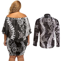 Hawaii Puakenikeni and Maile Lei Couples Matching Off Shoulder Short Dress and Long Sleeve Button Shirt Black Japanese Wave Style - Polynesian Pride