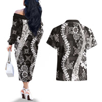 Hawaii Puakenikeni and Maile Lei Couples Matching Off The Shoulder Long Sleeve Dress and Hawaiian Shirt Black Japanese Wave Style - Polynesian Pride