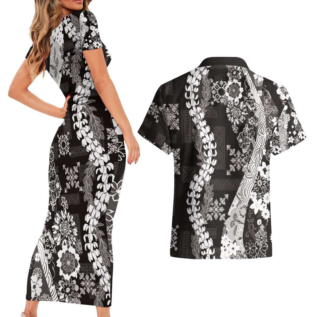 Hawaii Puakenikeni and Maile Lei Couples Matching Short Sleeve Bodycon Dress and Hawaiian Shirt Black Japanese Wave Style - Polynesian Pride