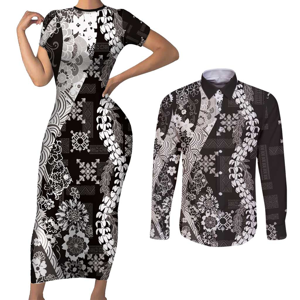 Hawaii Puakenikeni and Maile Lei Couples Matching Short Sleeve Bodycon Dress and Long Sleeve Button Shirt Black Japanese Wave Style - Polynesian Pride
