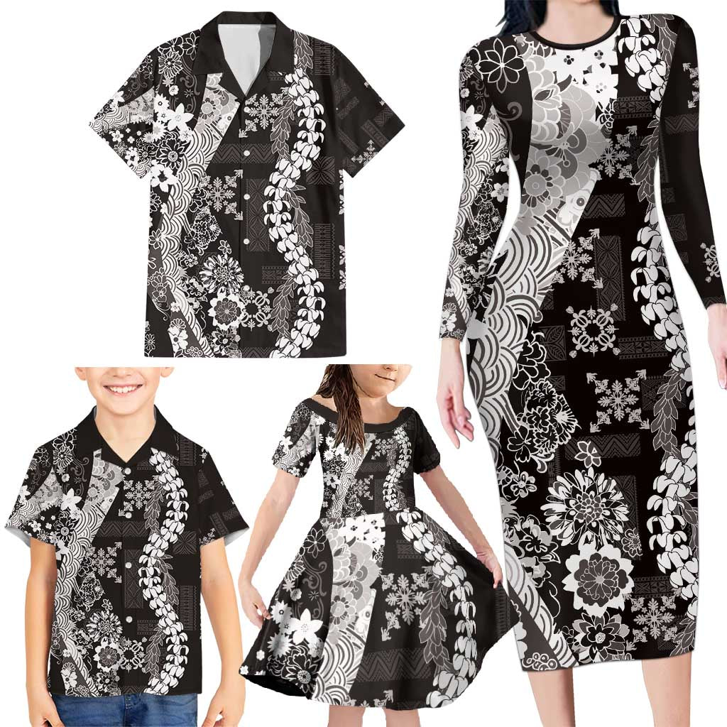 Hawaii Puakenikeni and Maile Lei Family Matching Long Sleeve Bodycon Dress and Hawaiian Shirt Black Japanese Wave Style - Polynesian Pride