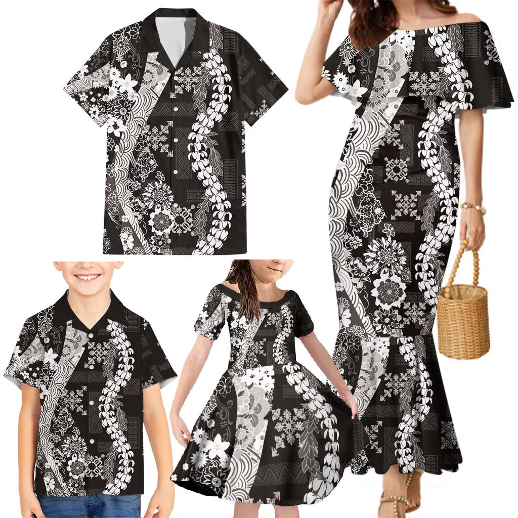 Hawaii Puakenikeni and Maile Lei Family Matching Mermaid Dress and Hawaiian Shirt Black Japanese Wave Style - Polynesian Pride
