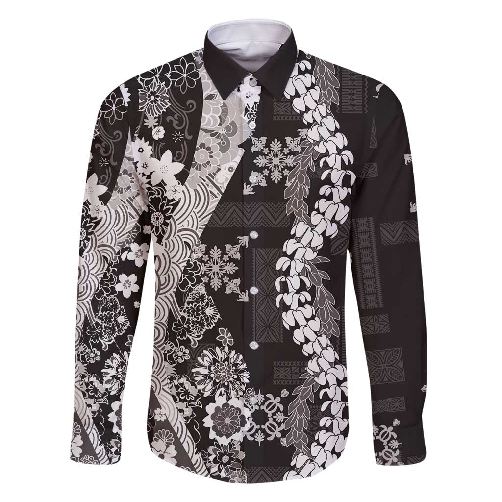 Hawaii Puakenikeni and Maile Lei Family Matching Mermaid Dress and Hawaiian Shirt Black Japanese Wave Style - Polynesian Pride