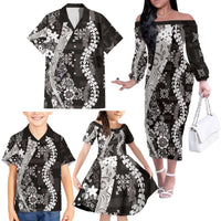 Hawaii Puakenikeni and Maile Lei Family Matching Off The Shoulder Long Sleeve Dress and Hawaiian Shirt Black Japanese Wave Style - Polynesian Pride