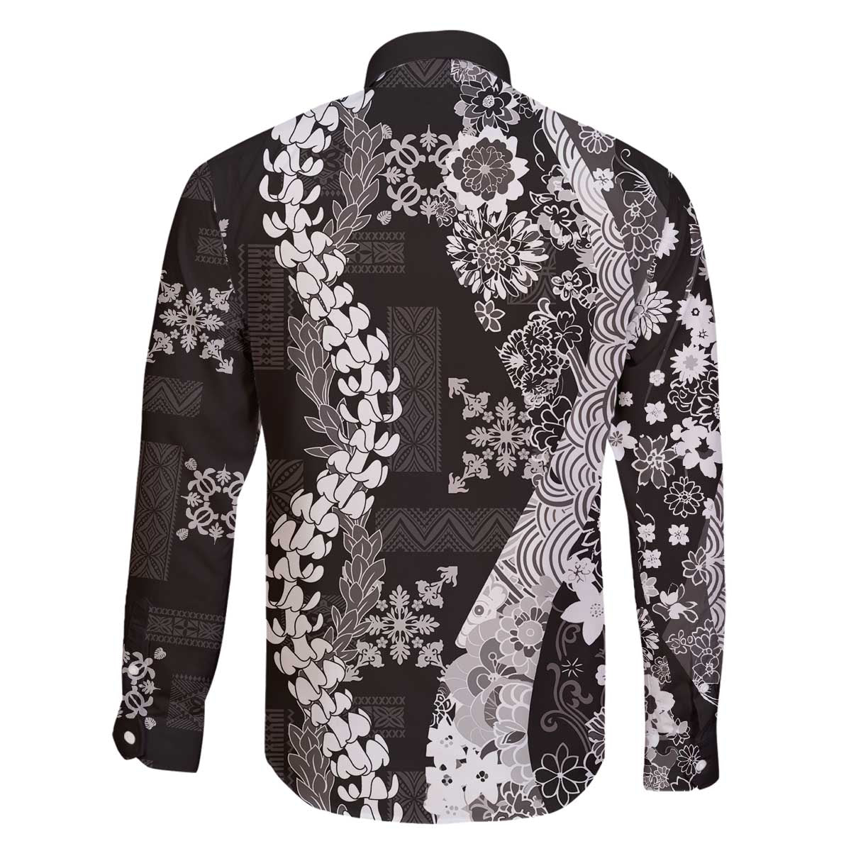 Hawaii Puakenikeni and Maile Lei Family Matching Off The Shoulder Long Sleeve Dress and Hawaiian Shirt Black Japanese Wave Style - Polynesian Pride