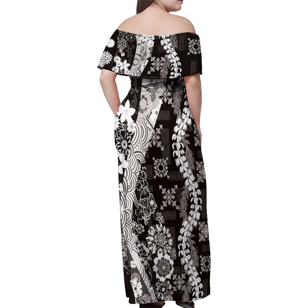 Hawaii Puakenikeni and Maile Lei Family Matching Off Shoulder Maxi Dress and Hawaiian Shirt Black Japanese Wave Style - Polynesian Pride