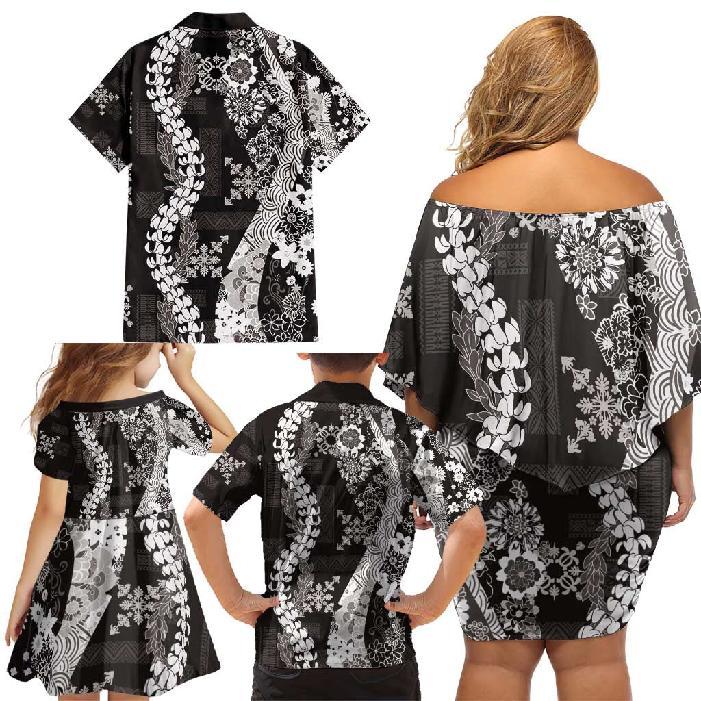 Hawaii Puakenikeni and Maile Lei Family Matching Off Shoulder Short Dress and Hawaiian Shirt Black Japanese Wave Style - Polynesian Pride
