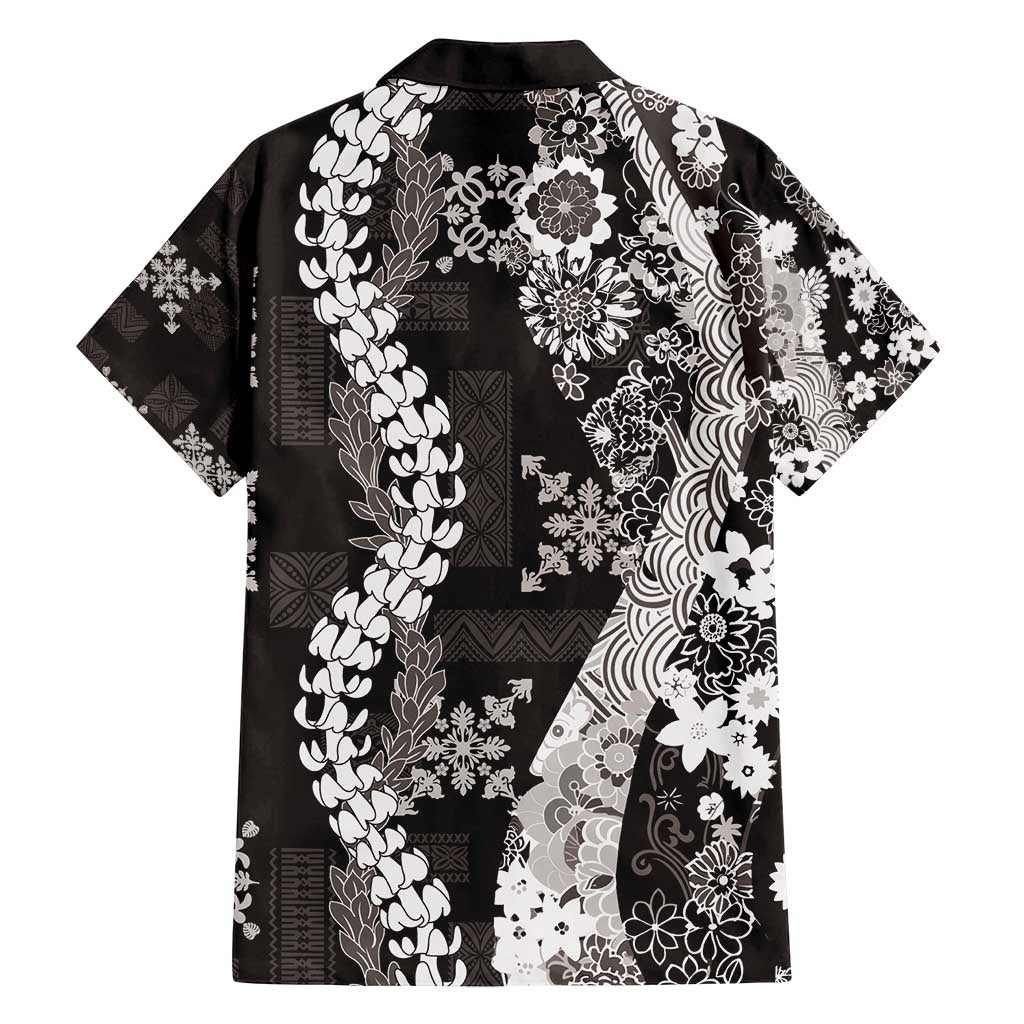Hawaii Puakenikeni and Maile Lei Family Matching Off Shoulder Short Dress and Hawaiian Shirt Black Japanese Wave Style - Polynesian Pride