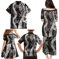 Hawaii Puakenikeni and Maile Lei Family Matching Puletasi and Hawaiian Shirt Black Japanese Wave Style - Polynesian Pride