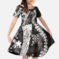 Hawaii Puakenikeni and Maile Lei Family Matching Short Sleeve Bodycon Dress and Hawaiian Shirt Black Japanese Wave Style - Polynesian Pride