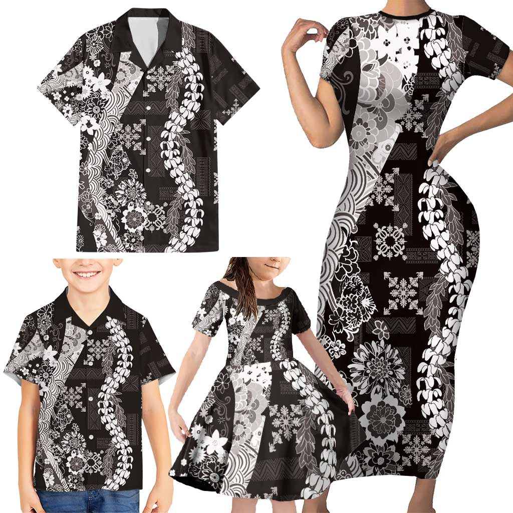 Hawaii Puakenikeni and Maile Lei Family Matching Short Sleeve Bodycon Dress and Hawaiian Shirt Black Japanese Wave Style - Polynesian Pride