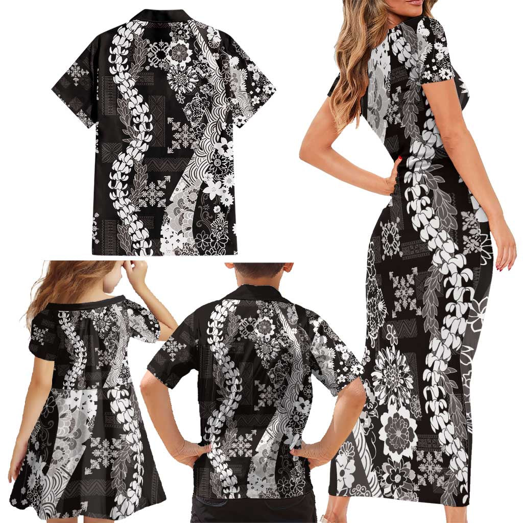 Hawaii Puakenikeni and Maile Lei Family Matching Short Sleeve Bodycon Dress and Hawaiian Shirt Black Japanese Wave Style - Polynesian Pride