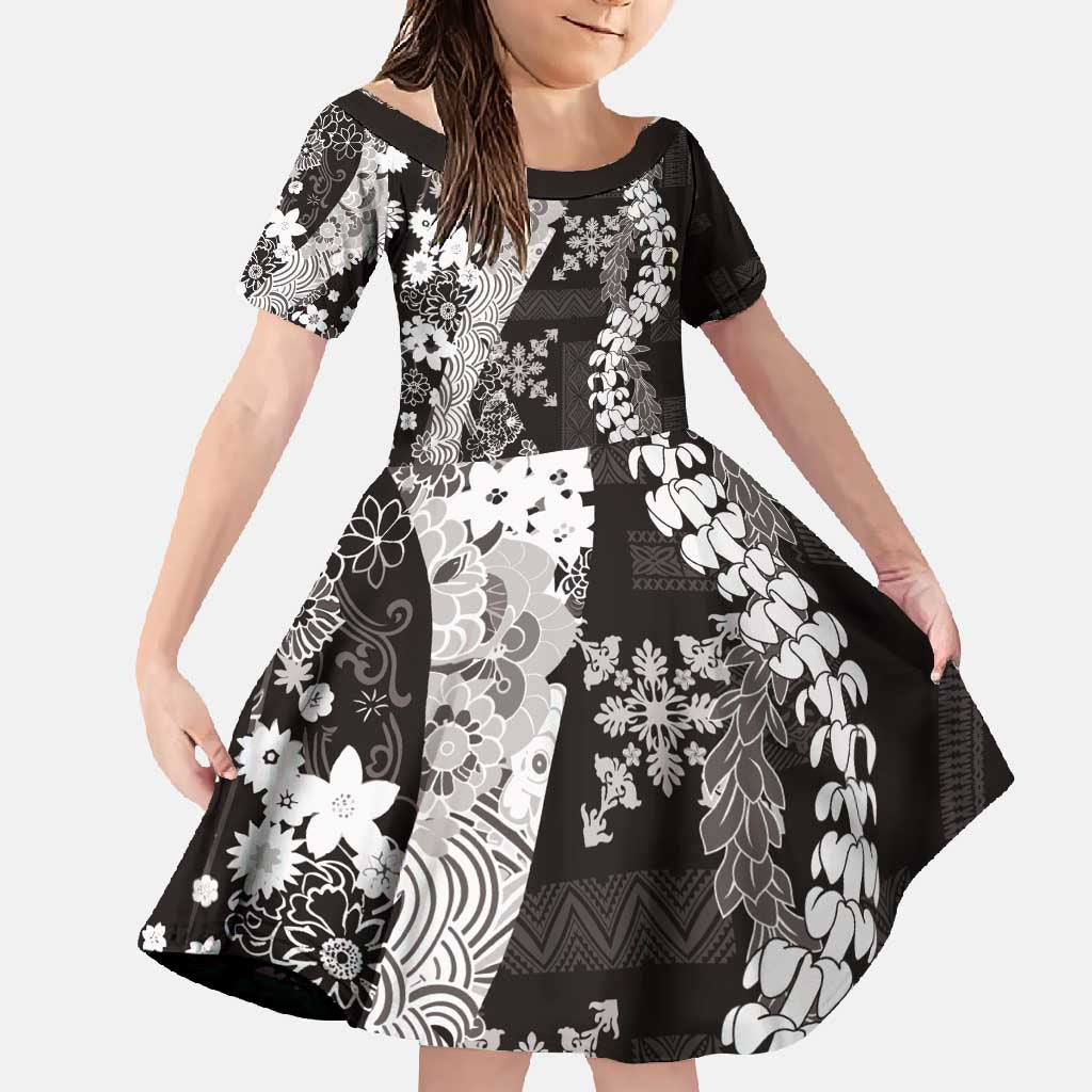 Hawaii Puakenikeni and Maile Lei Family Matching Summer Maxi Dress and Hawaiian Shirt Black Japanese Wave Style - Polynesian Pride