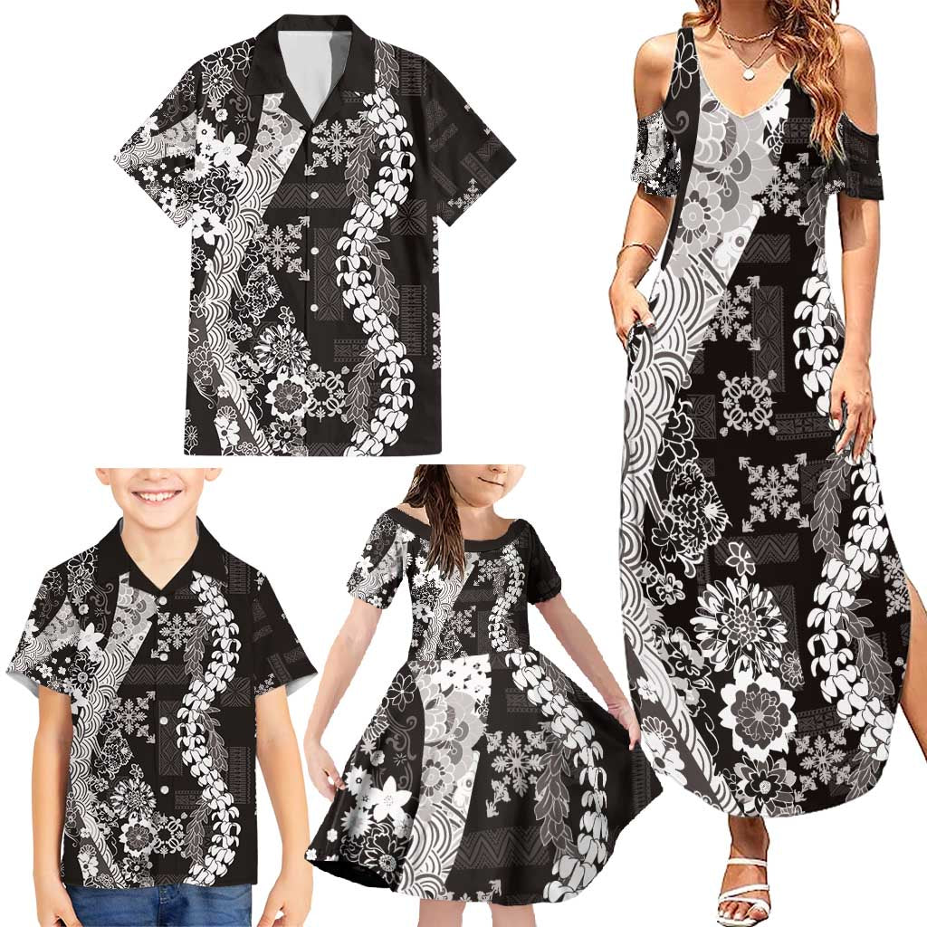Hawaii Puakenikeni and Maile Lei Family Matching Summer Maxi Dress and Hawaiian Shirt Black Japanese Wave Style - Polynesian Pride
