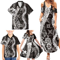 Hawaii Puakenikeni and Maile Lei Family Matching Summer Maxi Dress and Hawaiian Shirt Black Japanese Wave Style - Polynesian Pride