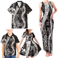 Hawaii Puakenikeni and Maile Lei Family Matching Tank Maxi Dress and Hawaiian Shirt Black Japanese Wave Style - Polynesian Pride