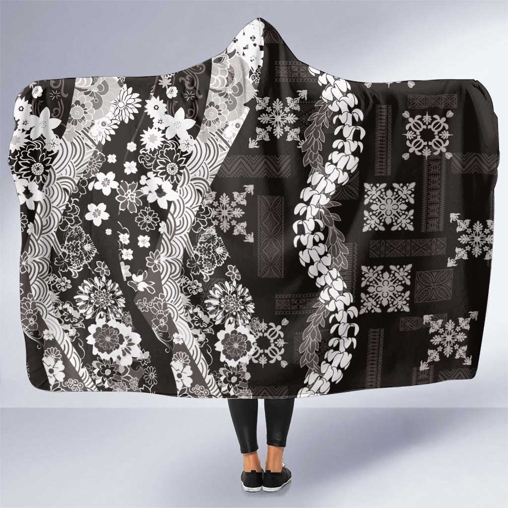 Hawaii Puakenikeni and Maile Lei Hooded Blanket Black Japanese Wave Style - Polynesian Pride