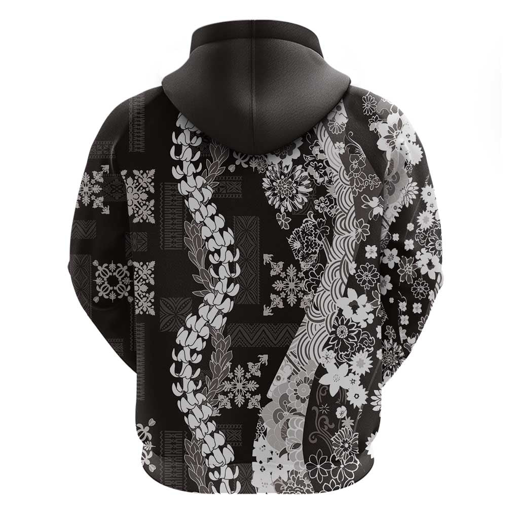 Hawaii Puakenikeni and Maile Lei Hoodie Black Japanese Wave Style - Polynesian Pride