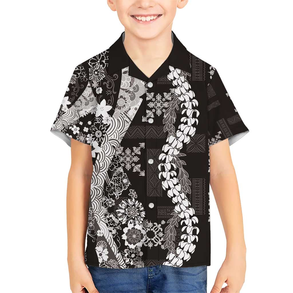 Hawaii Puakenikeni and Maile Lei Kid Hawaiian Shirt Black Japanese Wave Style - Polynesian Pride