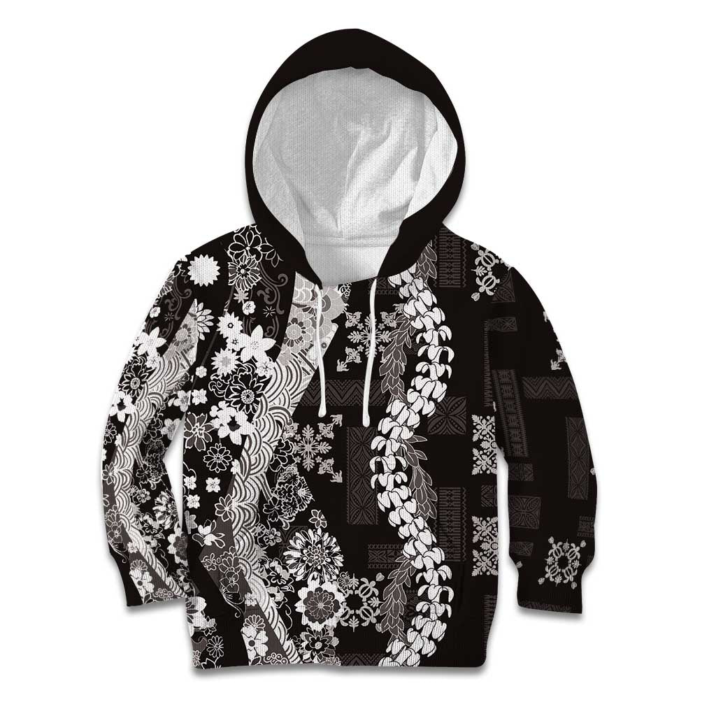 Hawaii Puakenikeni and Maile Lei Kid Hoodie Black Japanese Wave Style - Polynesian Pride