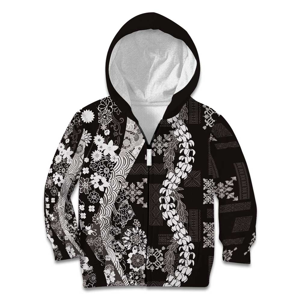 Hawaii Puakenikeni and Maile Lei Kid Hoodie Black Japanese Wave Style - Polynesian Pride