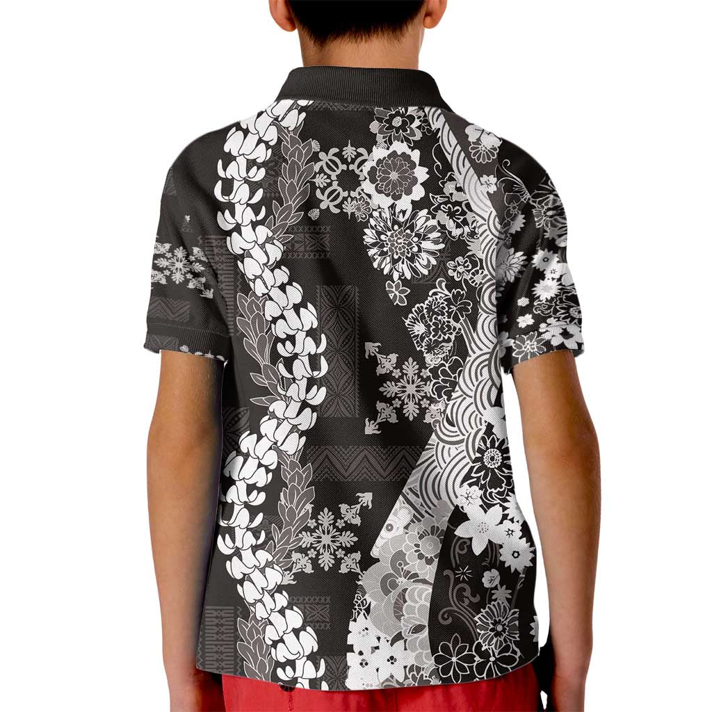 Hawaii Puakenikeni and Maile Lei Kid Polo Shirt Black Japanese Wave Style - Polynesian Pride