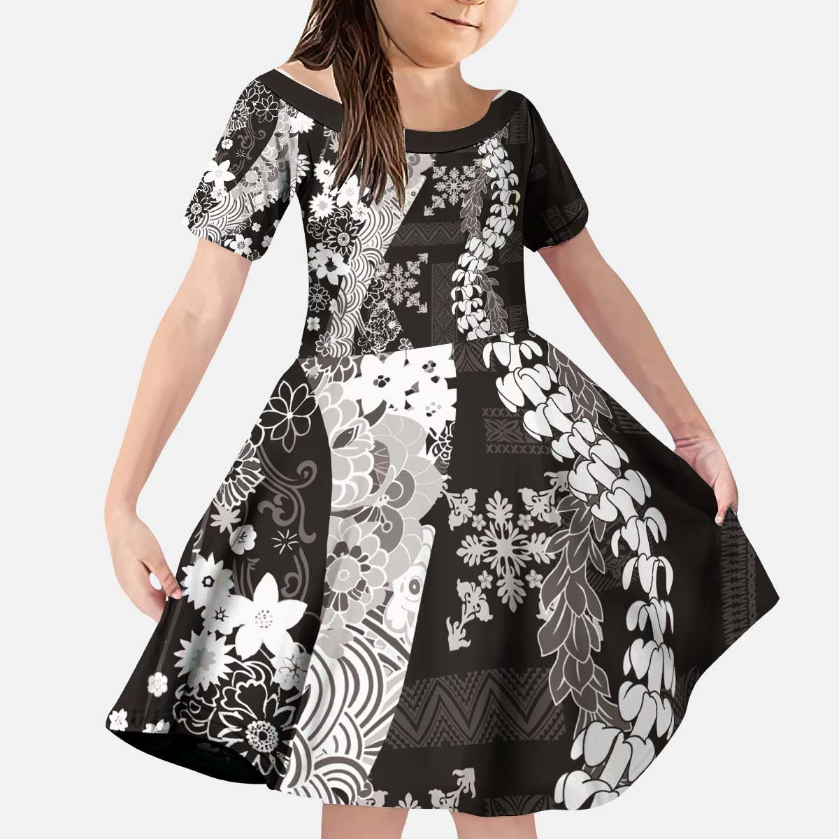 Hawaii Puakenikeni and Maile Lei Kid Short Sleeve Dress Black Japanese Wave Style - Polynesian Pride