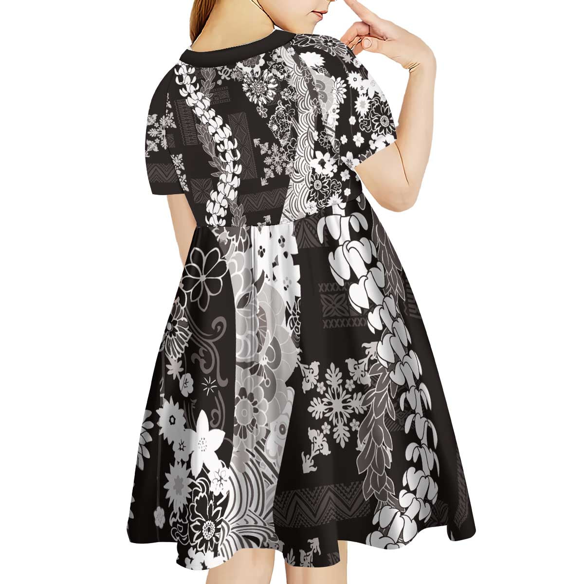 Hawaii Puakenikeni and Maile Lei Kid Short Sleeve Dress Black Japanese Wave Style - Polynesian Pride