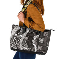 Hawaii Puakenikeni and Maile Lei Leather Tote Bag Black Japanese Wave Style - Polynesian Pride