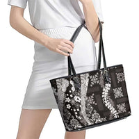 Hawaii Puakenikeni and Maile Lei Leather Tote Bag Black Japanese Wave Style - Polynesian Pride