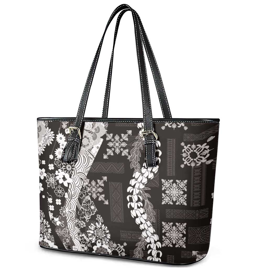 Hawaii Puakenikeni and Maile Lei Leather Tote Bag Black Japanese Wave Style - Polynesian Pride
