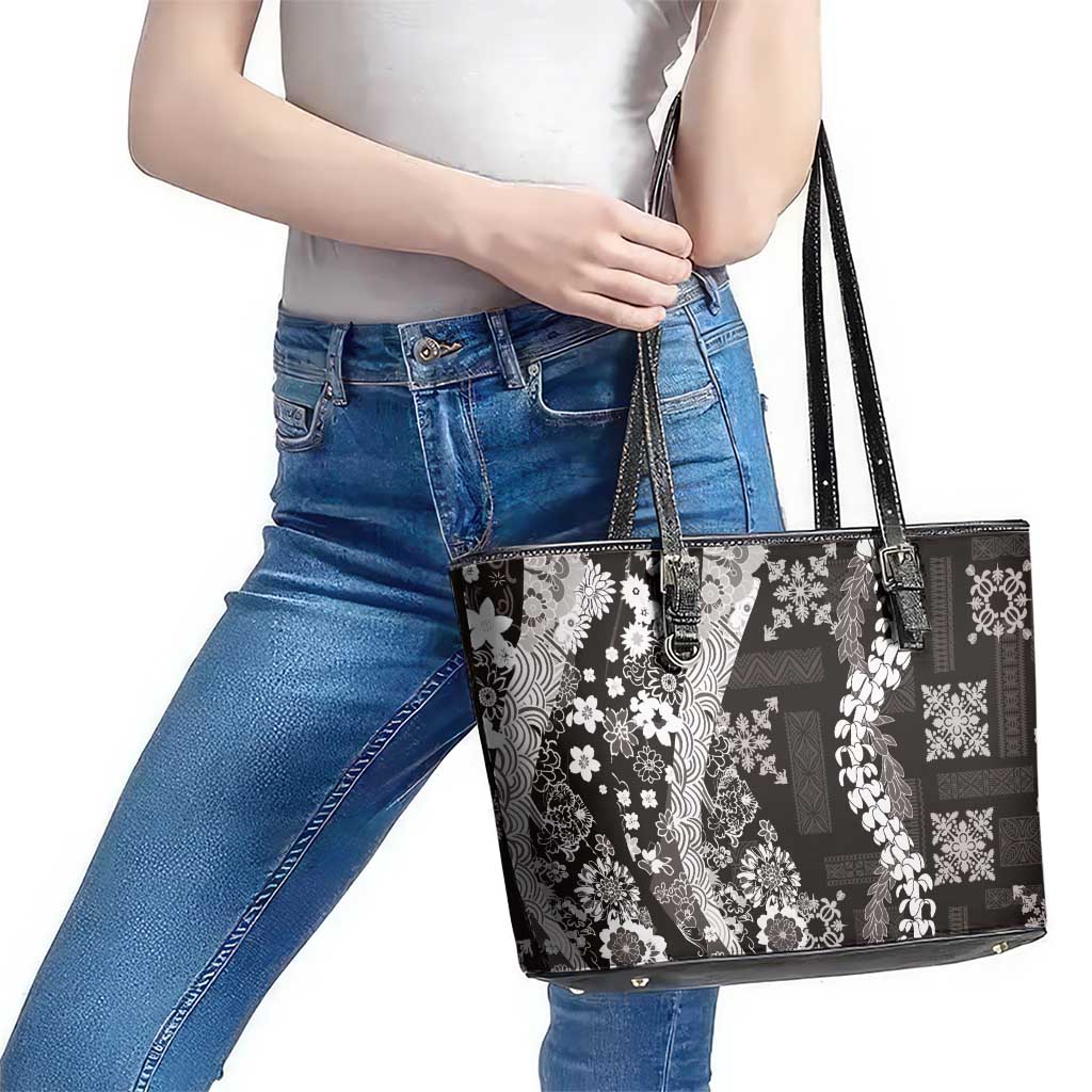 Hawaii Puakenikeni and Maile Lei Leather Tote Bag Black Japanese Wave Style - Polynesian Pride