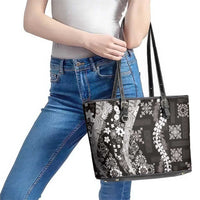 Hawaii Puakenikeni and Maile Lei Leather Tote Bag Black Japanese Wave Style - Polynesian Pride
